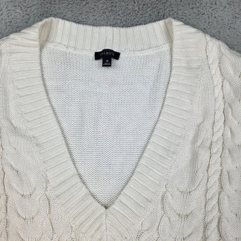 Talbots Cable Knit Sweater Vest Womens M V-Neck Cotton Nylon Sleeveless Ivory